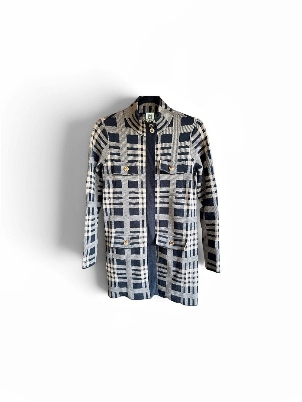 Anne Klein Plaid Button-Front Coat in Blue & White